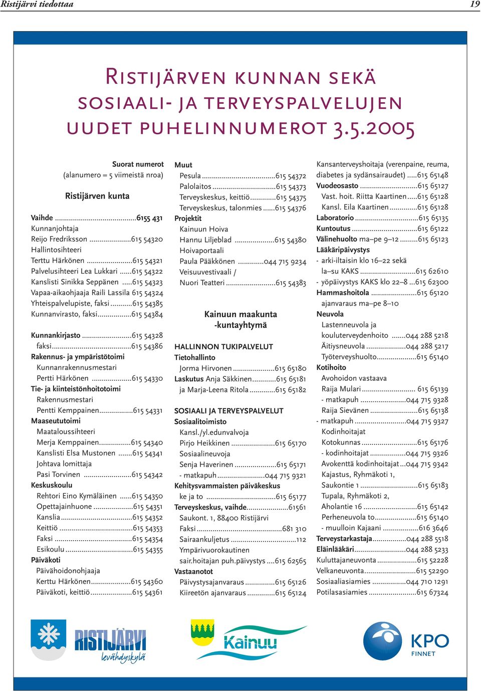 ..615 54323 Vapaa-aikaohjaaja Raili Lassila 615 54324 Yhteispalvelupiste, faksi...615 54385 Kunnanvirasto, faksi...615 54384 Kunnankirjasto...615 54328 faksi.