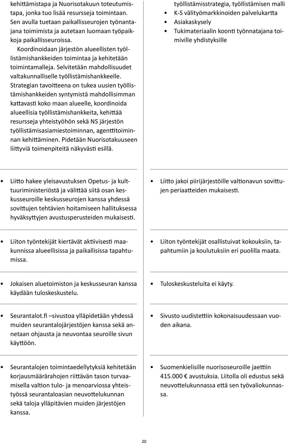 Strategian tavoitteena on tukea uusien työllistämishankkeiden syntymistä mahdollisimman kattavasti koko maan alueelle, koordinoida alueellisia työllistämishankkeita, kehittää resursseja yhteistyöhön