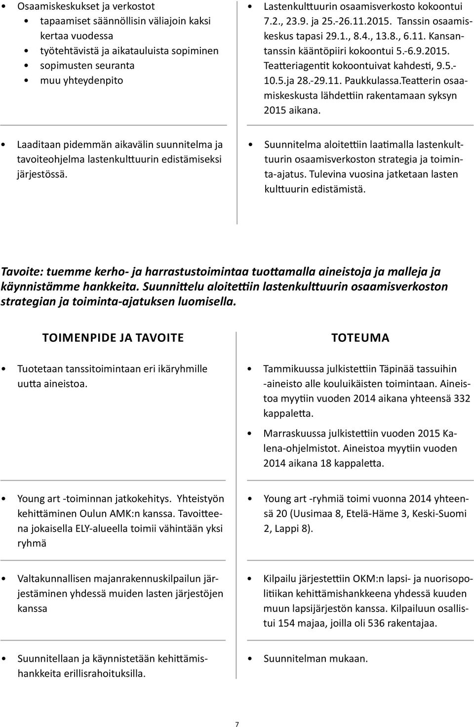 -29.11. Paukkulassa.Teatterin osaamiskeskusta lähdettiin rakentamaan syksyn 2015 aikana. Laaditaan pidemmän aikavälin suunnitelma ja tavoiteohjelma lastenkulttuurin edistämiseksi järjestössä.