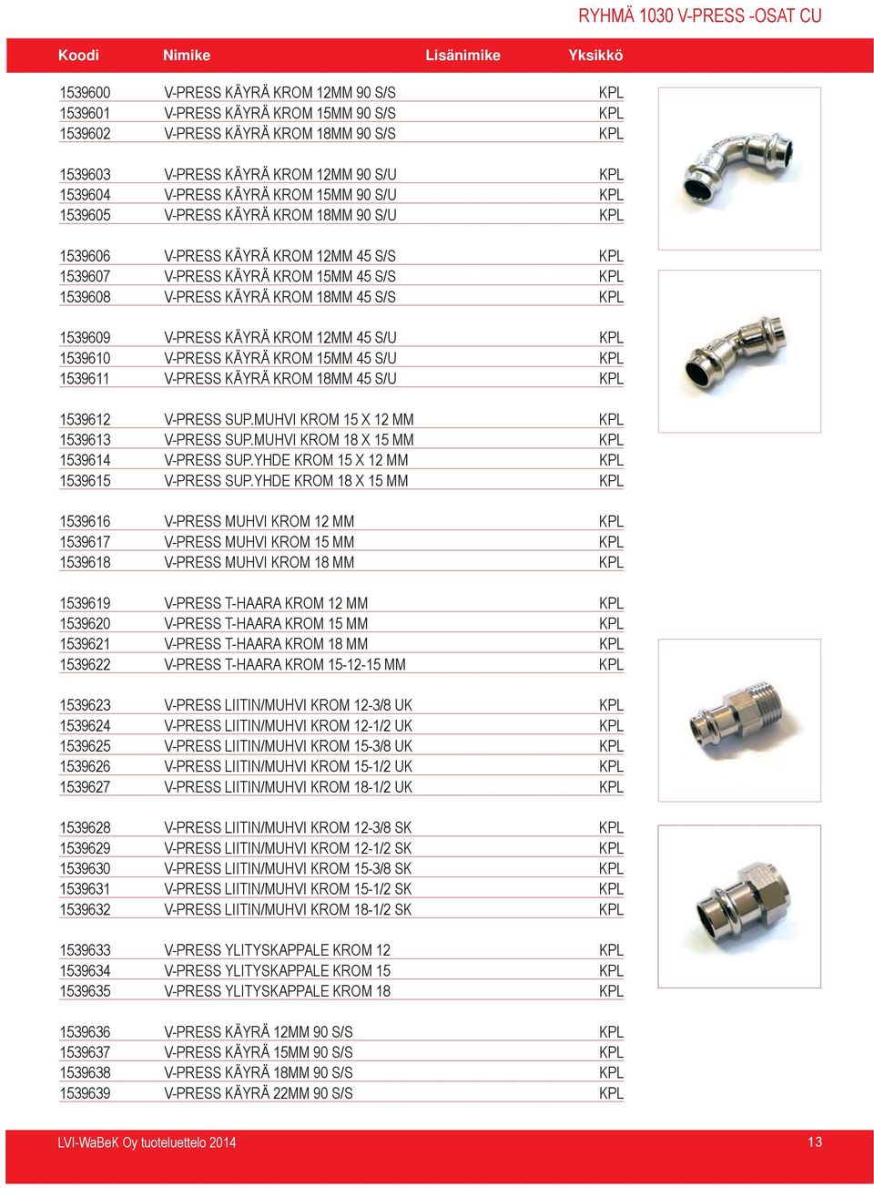 V-PRESS KÄYRÄ KROM 12MM 45 S/U KPL 1539610 V-PRESS KÄYRÄ KROM 15MM 45 S/U KPL 1539611 V-PRESS KÄYRÄ KROM 18MM 45 S/U KPL 1539612 V-PRESS SUP.MUHVI KROM 15 X 12 MM KPL 1539613 V-PRESS SUP.