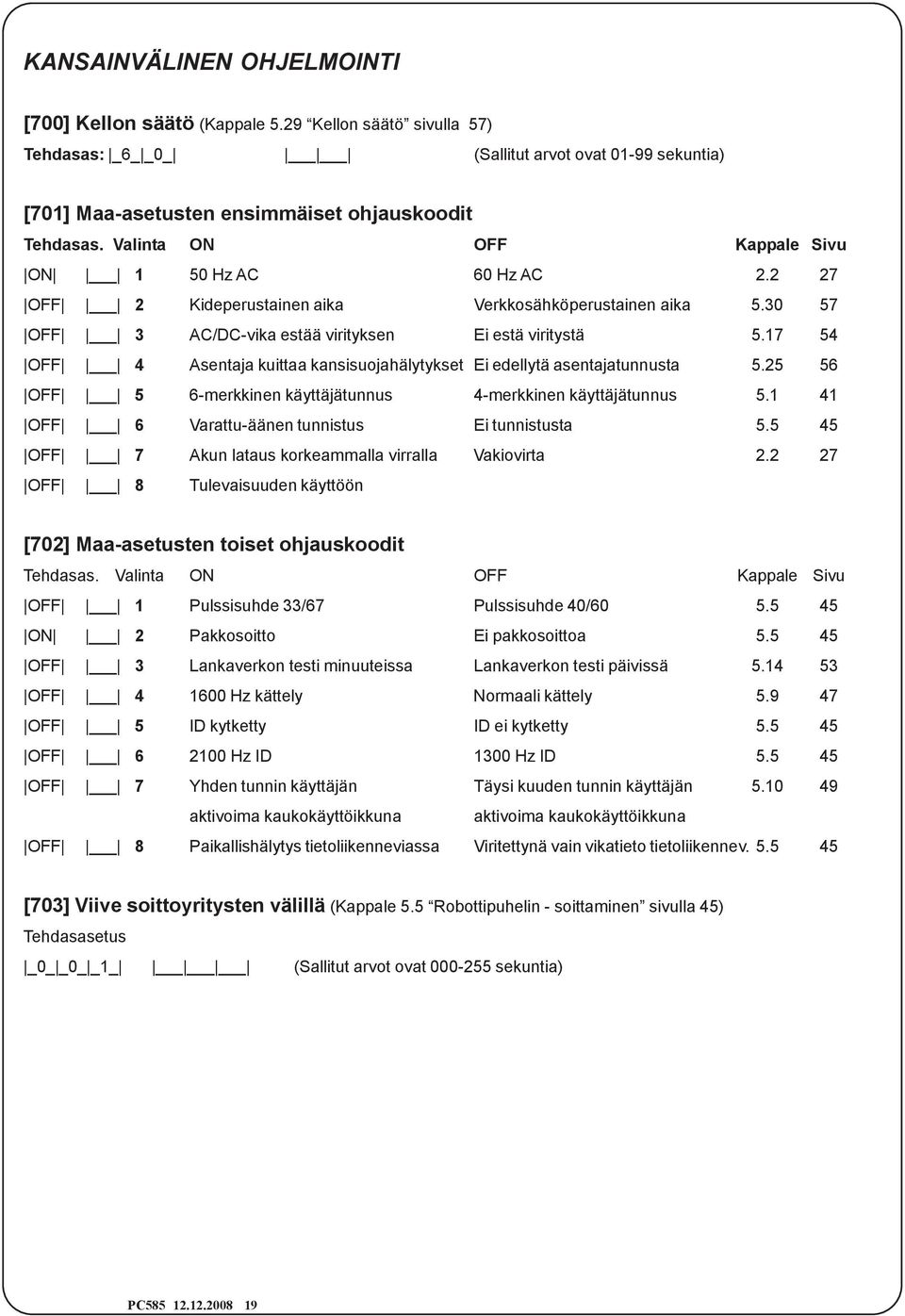 17 54 OFF 4 Asentaja kuittaa kansisuojahälytykset Ei edellytä asentajatunnusta 5.25 56 OFF 5 6-merkkinen käyttäjätunnus 4-merkkinen käyttäjätunnus 5.