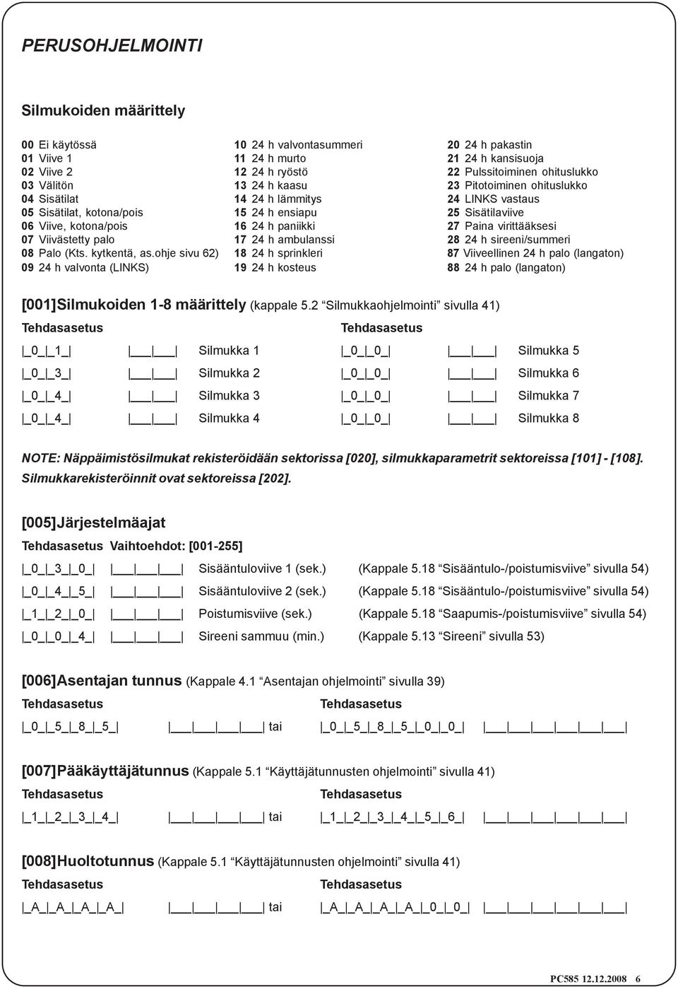 virittääksesi 07 Viivästetty palo 17 24 h ambulanssi 28 24 h sireeni/summeri 08 Palo (Kts. kytkentä, as.