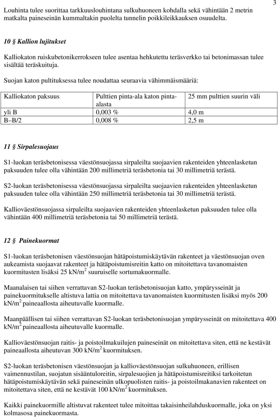 Suojan katon pultituksessa tulee noudattaa seuraavia vähimmäismääriä: Kalliokaton paksuus Pulttien pinta-ala katon pintaalasta 25 mm pulttien suurin väli yli B 0,003 % 4,0 m B B/2 0,008 % 2,5 m 11