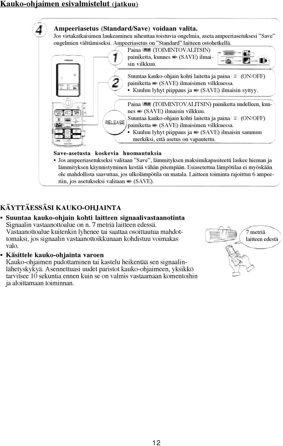 Paina (TOIMINTOVALITSIN) painiketta, kunnes (SAVE) ilmaisin vilkkuu. Suuntaa kauko-ohjain kohti laitetta ja paina (ON/OFF) painiketta (SAVE) ilmaisimen vilkkuessa.