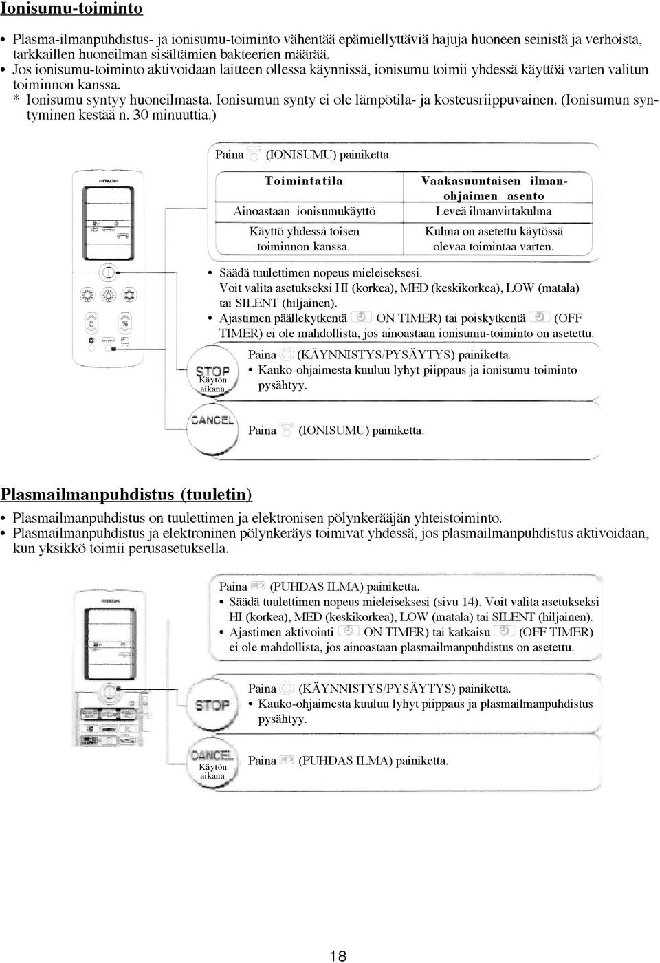 Ionisumun synty ei ole lämpötila- ja kosteusriippuvainen. (Ionisumun syntyminen kestää n. 30 minuuttia.) Paina (IONISUMU) painiketta.