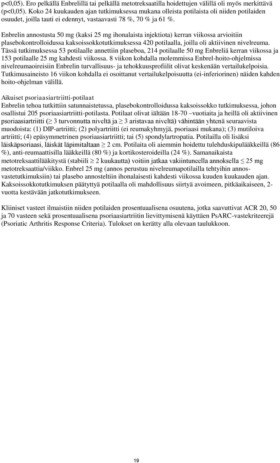 Enbrelin annostusta 50 mg (kaksi 25 mg ihonalaista injektiota) kerran viikossa arvioitiin plasebokontrolloidussa kaksoissokkotutkimuksessa 420 potilaalla, joilla oli aktiivinen nivelreuma.