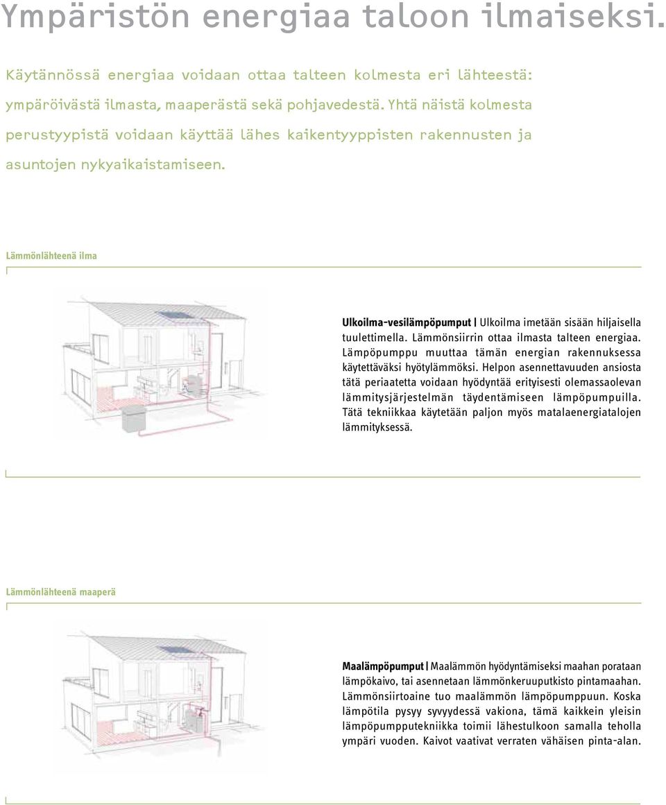 Lämmönlähteenä ilma Ulkoilma-vesilämpöpumput Ulkoilma imetään sisään hiljaisella tuulettimella. Lämmönsiirrin ottaa ilmasta talteen energiaa.