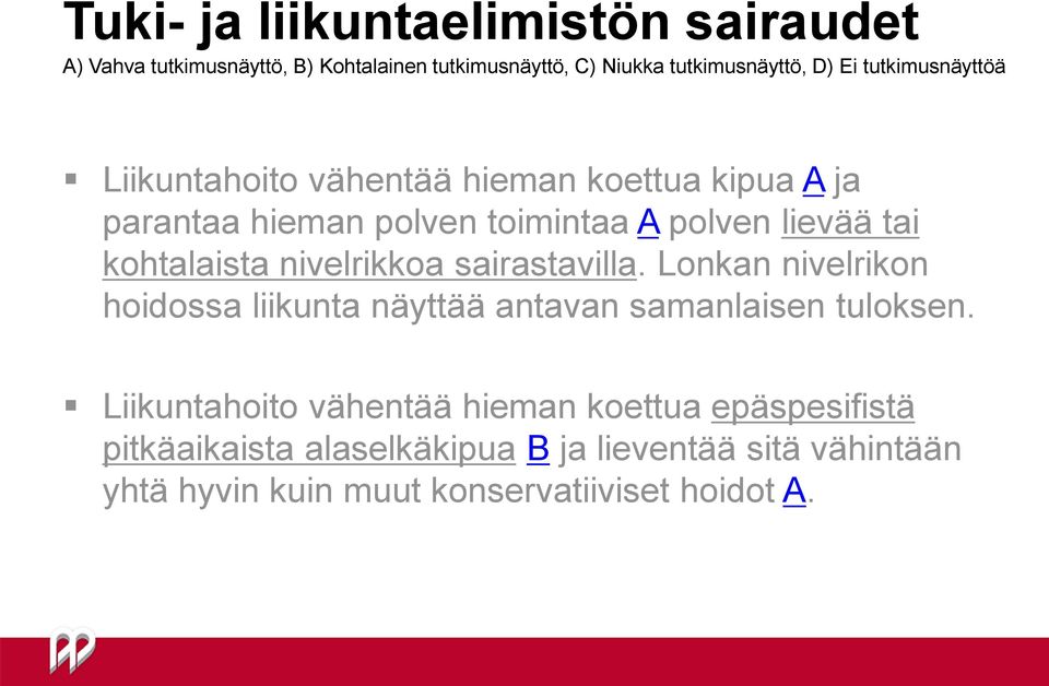 kohtalaista nivelrikkoa sairastavilla. Lonkan nivelrikon hoidossa liikunta näyttää antavan samanlaisen tuloksen.