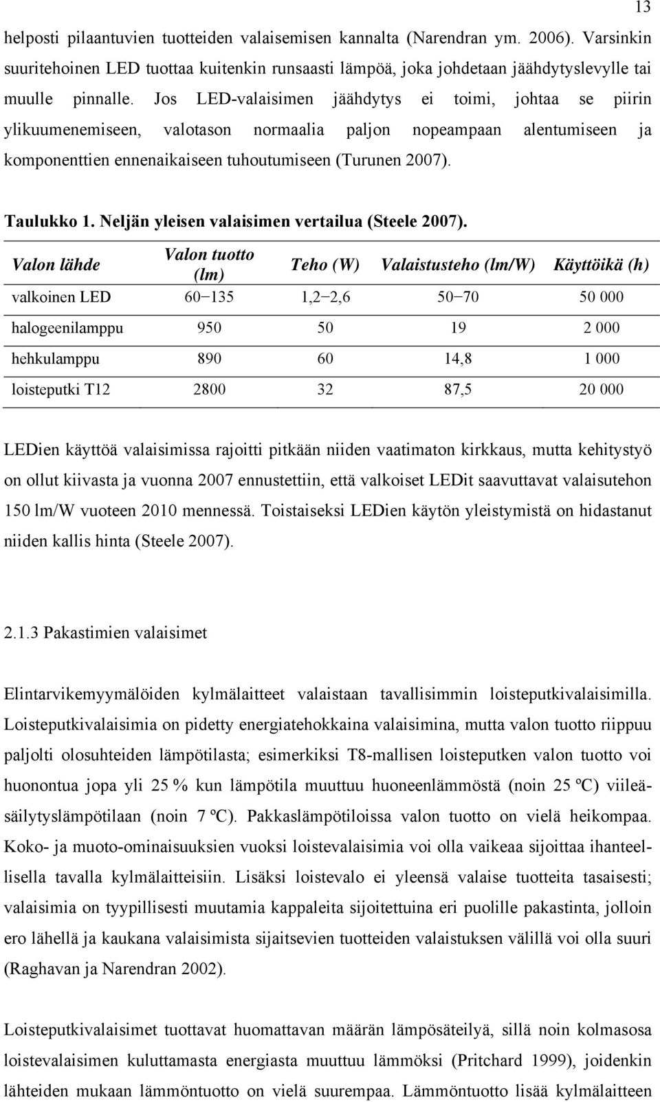 Neljän yleisen valaisimen vertailua (Steele 2007).