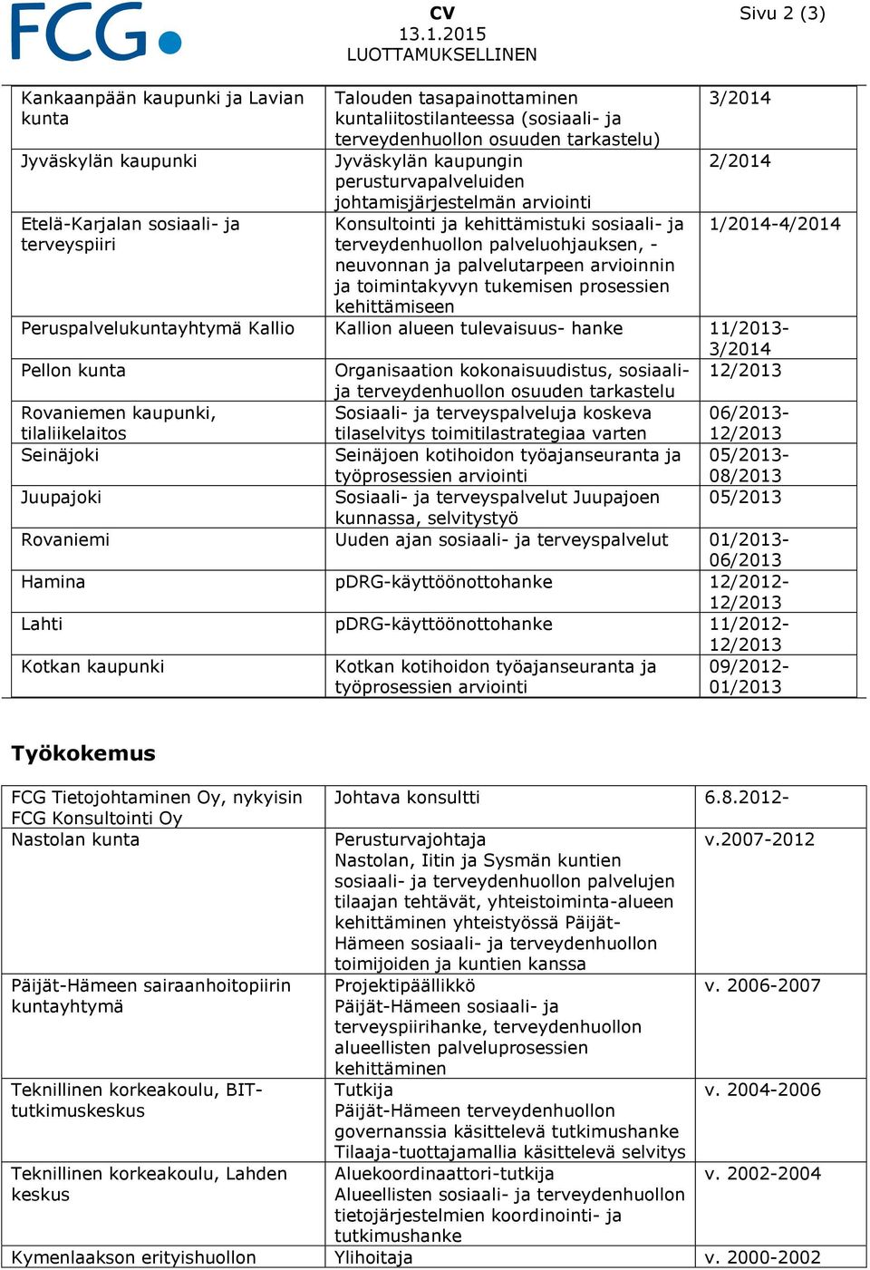 palveluohjauksen, - neuvonnan ja palvelutarpeen arvioinnin ja toimintakyvyn tukemisen prosessien kehittämiseen 3/ 2/ 1/-4/ Peruspalvelukuntayhtymä Kallio Kallion alueen tulevaisuus- hanke 11/- 3/