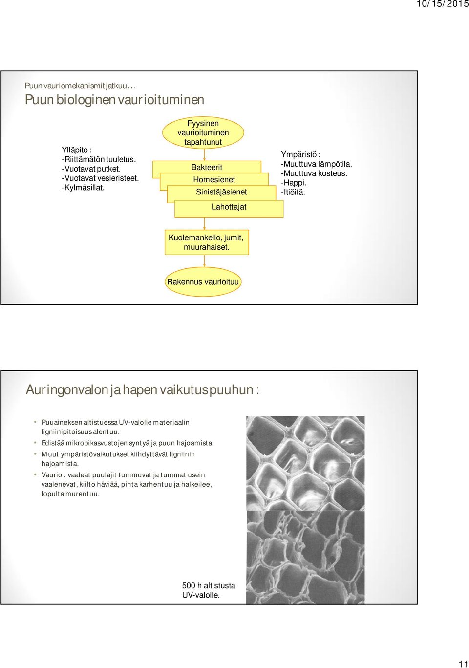 Rakennus vaurioituu Auringonvalon ja hapen vaikutus puuhun : Puuaineksen altistuessa UV-valolle materiaalin ligniinipitoisuus alentuu.