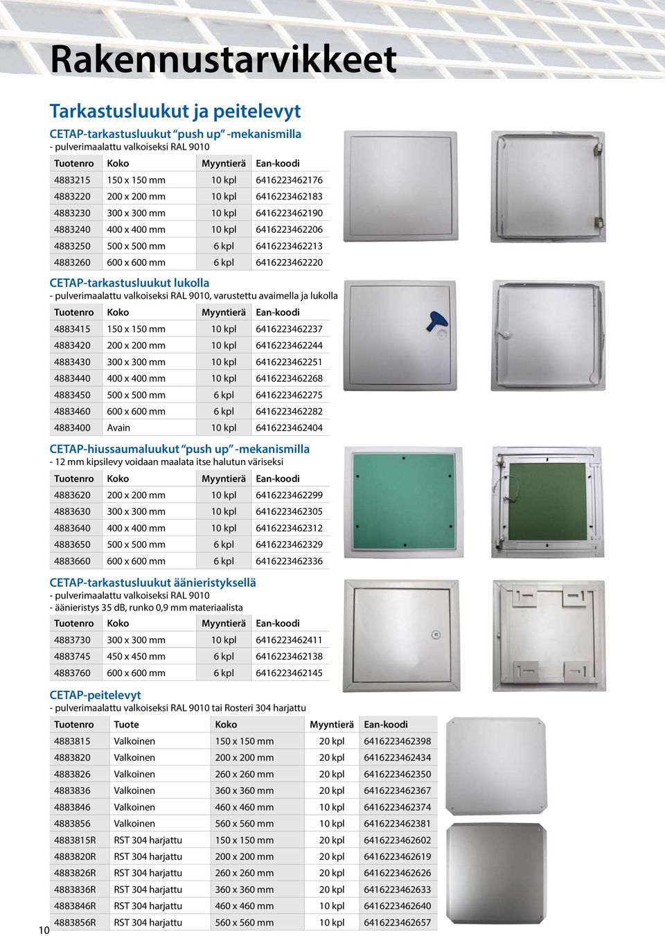 CETAP-tarkastusluukut lukolla - pulverimaalattu valkoiseksi RAL 9010, varustettu avaimella ja lukolla 4883415 150 x 150 mm 10 kpl 6416223462237 4883420 200 x 200 mm 10 kpl 6416223462244 4883430 300 x