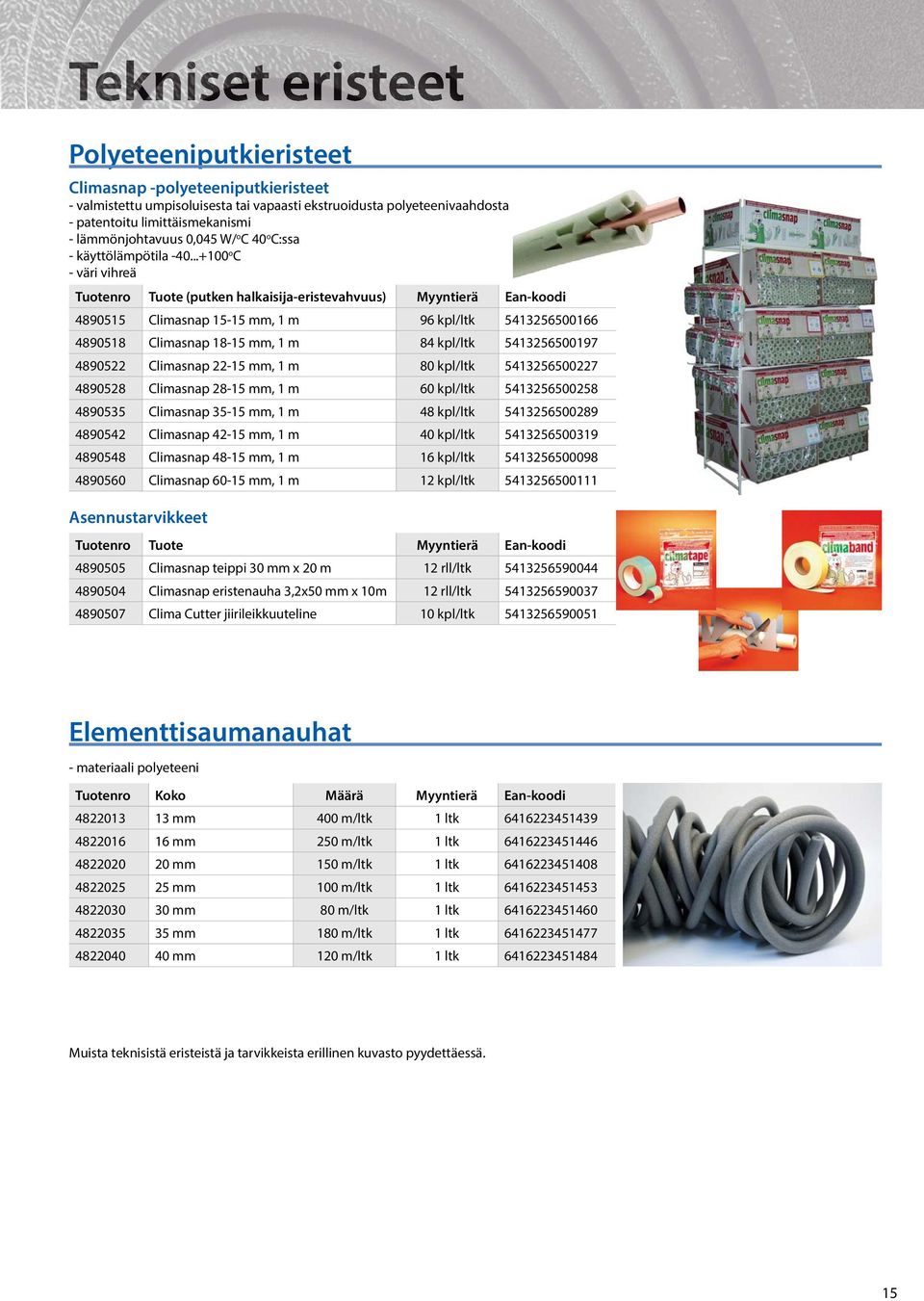 ..+100 o C - väri vihreä Tuotenro Tuote (putken halkaisija-eristevahvuus) Myyntierä Ean-koodi 4890515 Climasnap 15-15 mm, 1 m 96 kpl/ltk 5413256500166 4890518 Climasnap 18-15 mm, 1 m 84 kpl/ltk