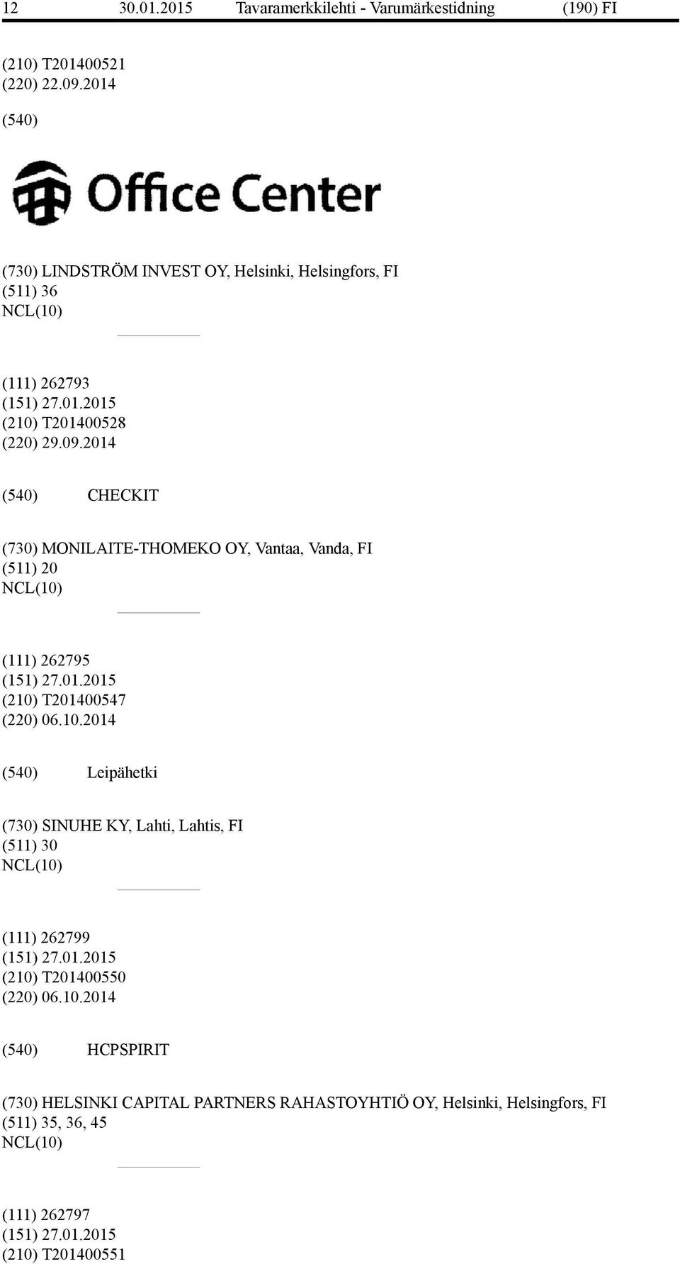 2014 CHECKIT (730) MONILAITE-THOMEKO OY, Vantaa, Vanda, FI (511) 20 (111) 262795 (151) 27.01.2015 (210)