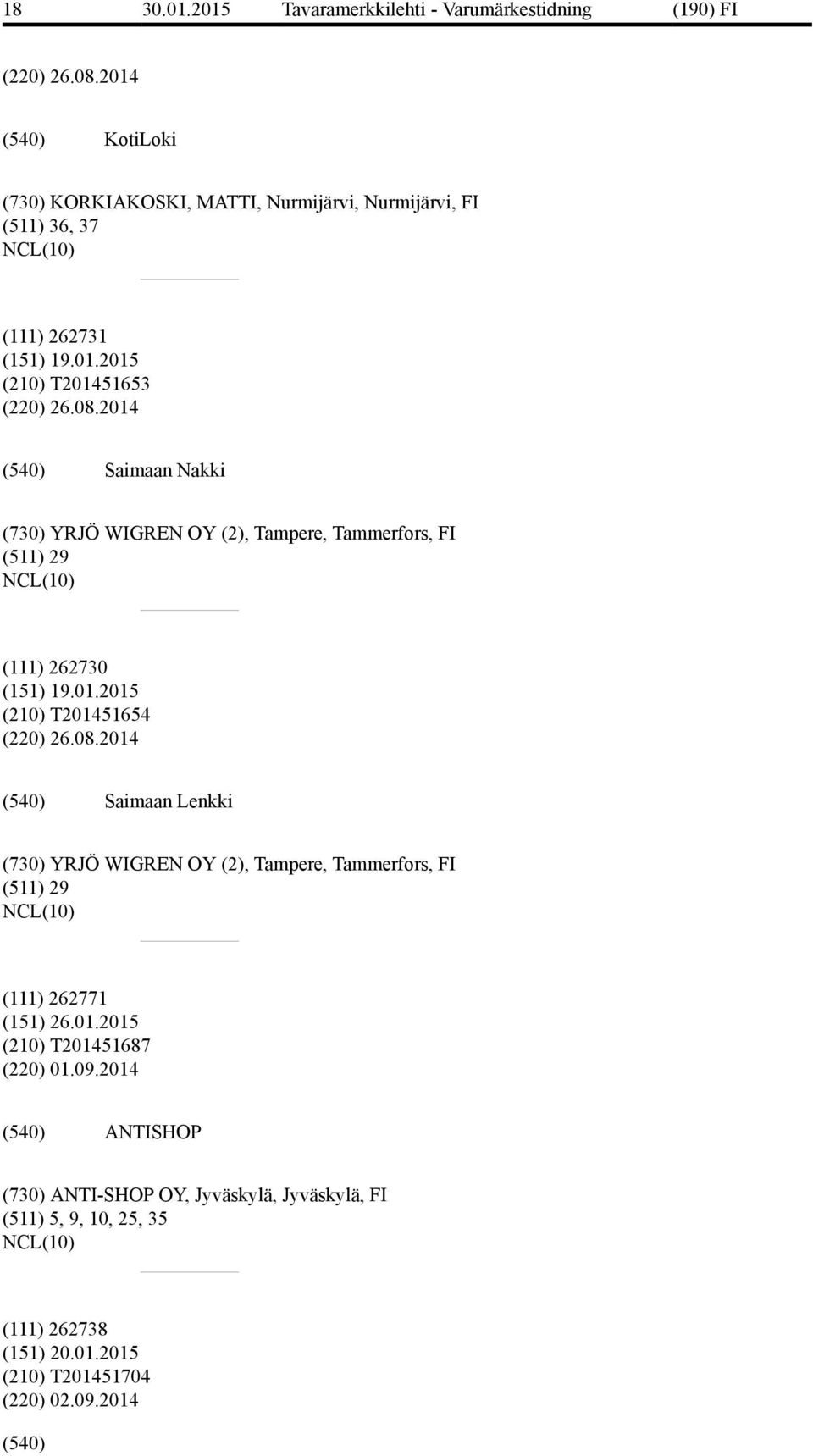 2014 Saimaan Nakki (730) YRJÖ WIGREN OY (2), Tampere, Tammerfors, FI (511) 29 (111) 262730 (151) 19.01.2015 (210) T201451654 (220) 26.08.