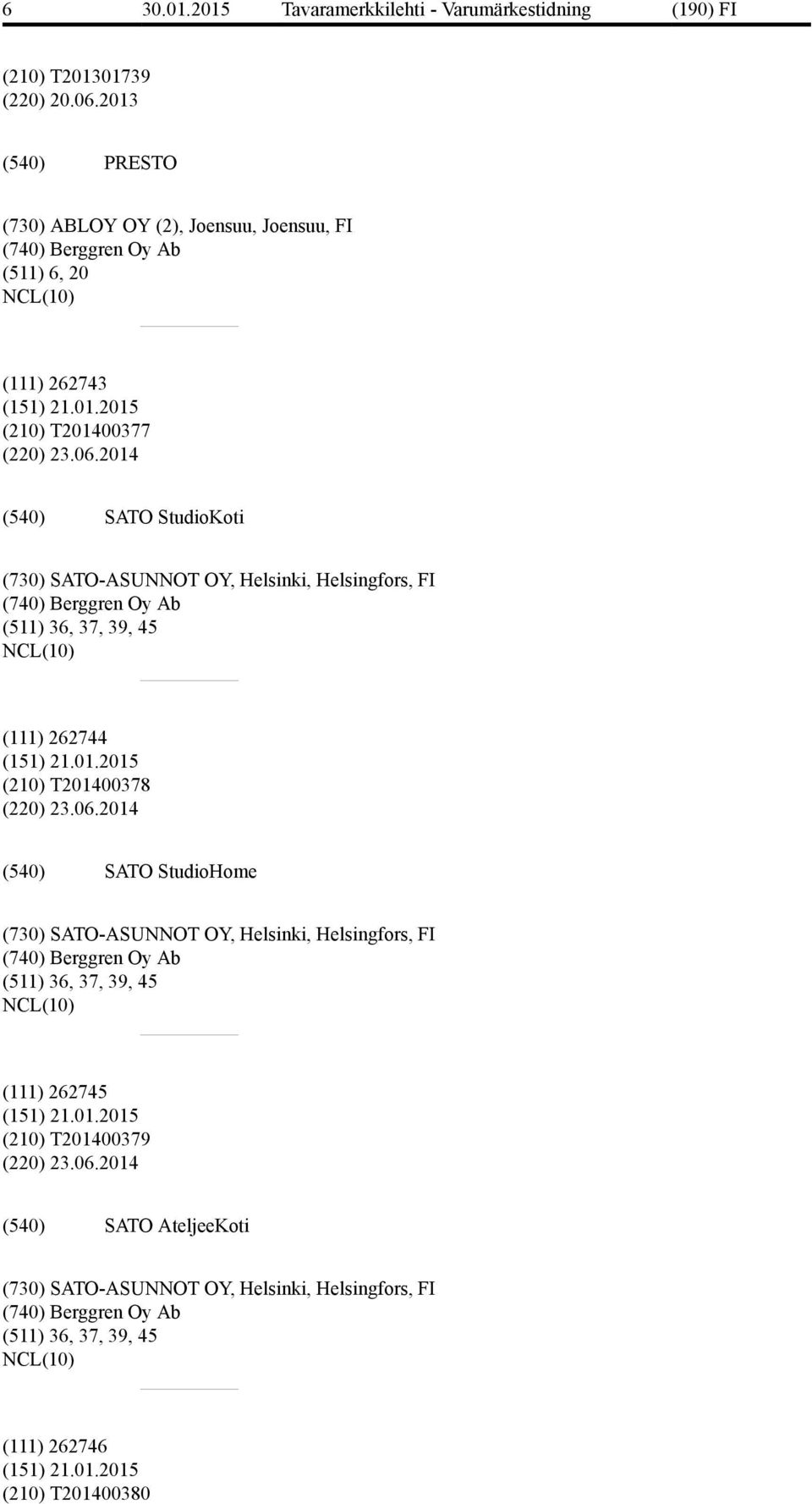 2014 SATO StudioKoti (730) SATO-ASUNNOT OY, Helsinki, Helsingfors, FI (740) Berggren Oy Ab (511) 36, 37, 39, 45 (111) 262744 (151) 21.01.2015 (210) T201400378 (220) 23.06.