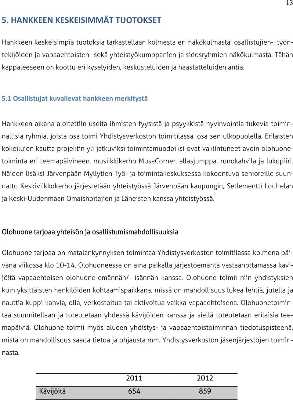 1 Osallistujat kuvailevat hankkeen merkitystä Hankkeen aikana aloitettiin useita ihmisten fyysistä ja psyykkistä hyvinvointia tukevia toiminnallisia ryhmiä, joista osa toimi Yhdistysverkoston
