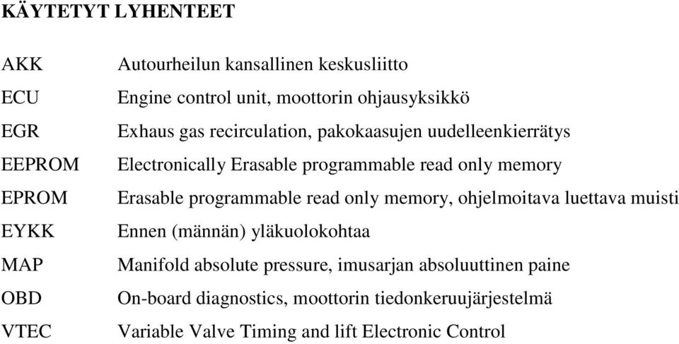 memory Erasable programmable read only memory, ohjelmoitava luettava muisti Ennen (männän) yläkuolokohtaa Manifold absolute