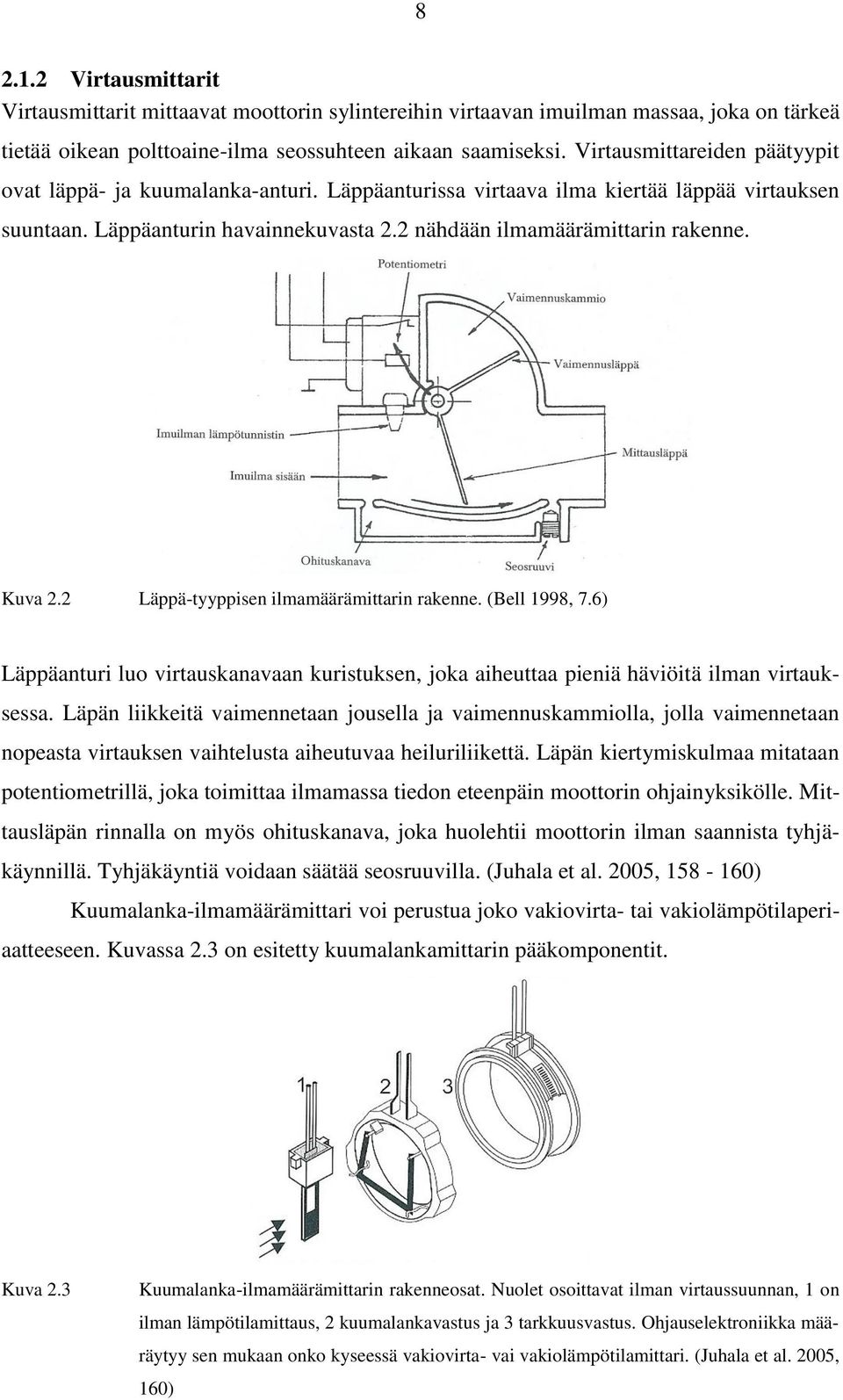 Kuva 2.2 Läppä-tyyppisen ilmamäärämittarin rakenne. (Bell 1998, 7.6) Läppäanturi luo virtauskanavaan kuristuksen, joka aiheuttaa pieniä häviöitä ilman virtauksessa.