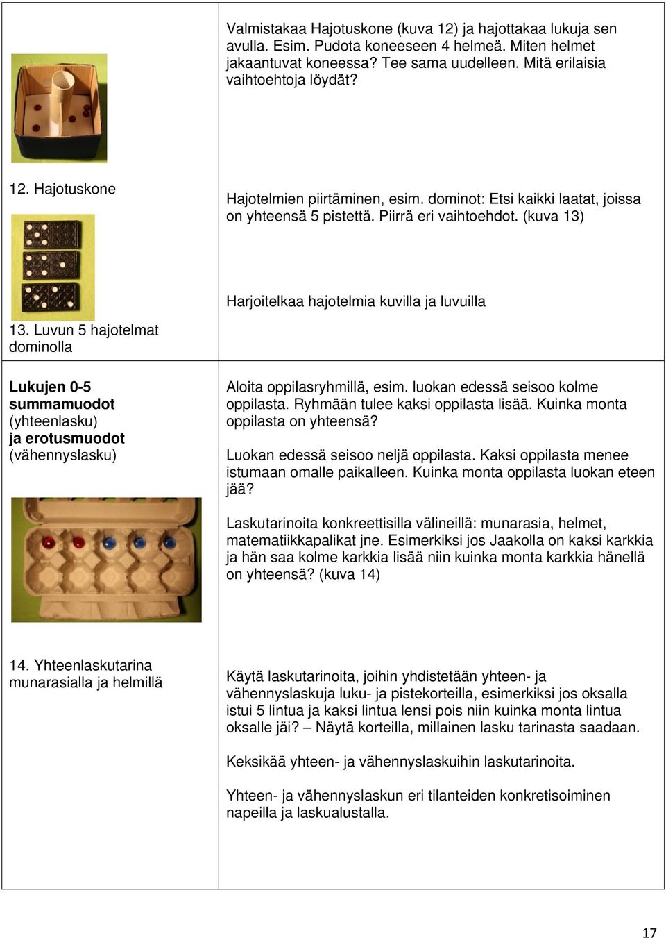 Luvun 5 hajotelmat dominolla Lukujen 0-5 summamuodot (yhteenlasku) ja erotusmuodot (vähennyslasku) Aloita oppilasryhmillä, esim. luokan edessä seisoo kolme oppilasta.