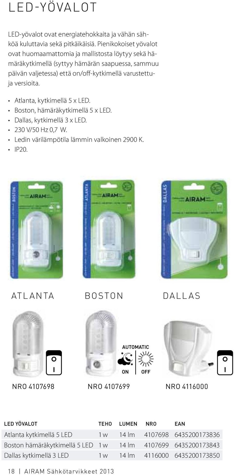 versioita. Atlanta, kytkimellä 5 x LED. Boston, hämäräkytkimellä 5 x LED. Dallas, kytkimellä 3 x LED. 230 V/50 Hz 0,7 W. Ledin värilämpötila lämmin valkoinen 2900 K. IP20.
