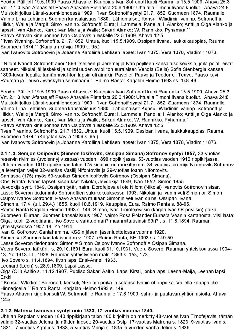 Sofronoff ja Hildur, Walle ja Margit; Simo Ivaninp. Sofronoff, Eura; I. Lammela, Panelia; I. Alanko; Antti ja Olga Alanko ja lapset; Ivan Alanko, Kuru; Ivan Maria ja Walle; Sakari Alanko; W.