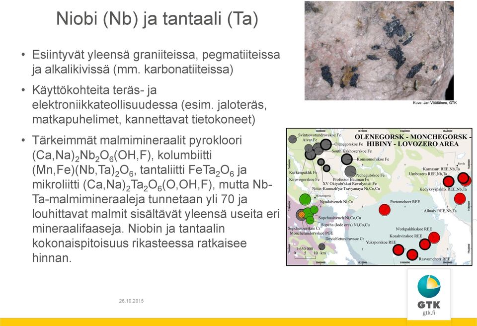 jaloteräs, matkapuhelimet, kannettavat tietokoneet) Tärkeimmät malmimineraalit pyrokloori (Ca,Na) 2 Nb 2 O 6 (OH,F), kolumbiitti (Mn,Fe)(Nb,Ta) 2 O 6,