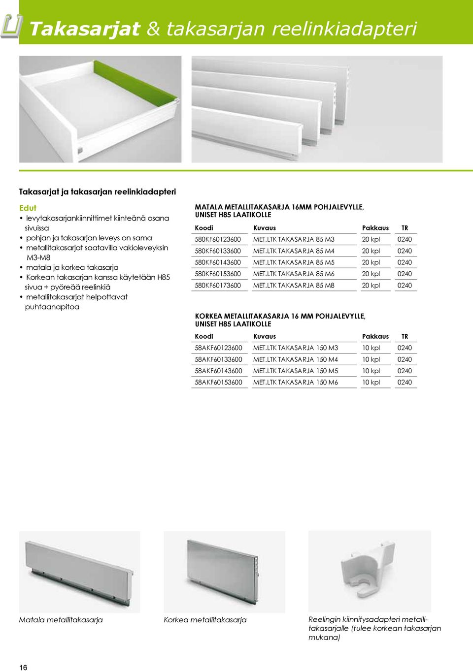 pohjalevylle, Uniset H85 laatikolle Koodi Kuvaus Pakkaus TR 580KF60123600 MET.LTK TAKASARJA 85 M3 20 kpl 0240 580KF60133600 MET.LTK TAKASARJA 85 M4 20 kpl 0240 580KF60143600 MET.