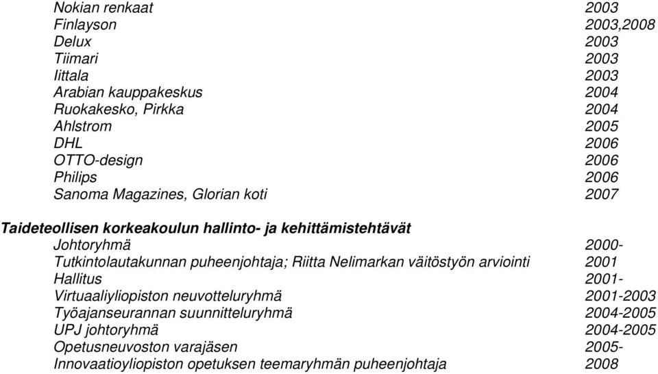 Tutkintolautakunnan puheenjohtaja; Riitta Nelimarkan väitöstyön arviointi 2001 Hallitus 2001- Virtuaaliyliopiston neuvotteluryhmä 2001-2003