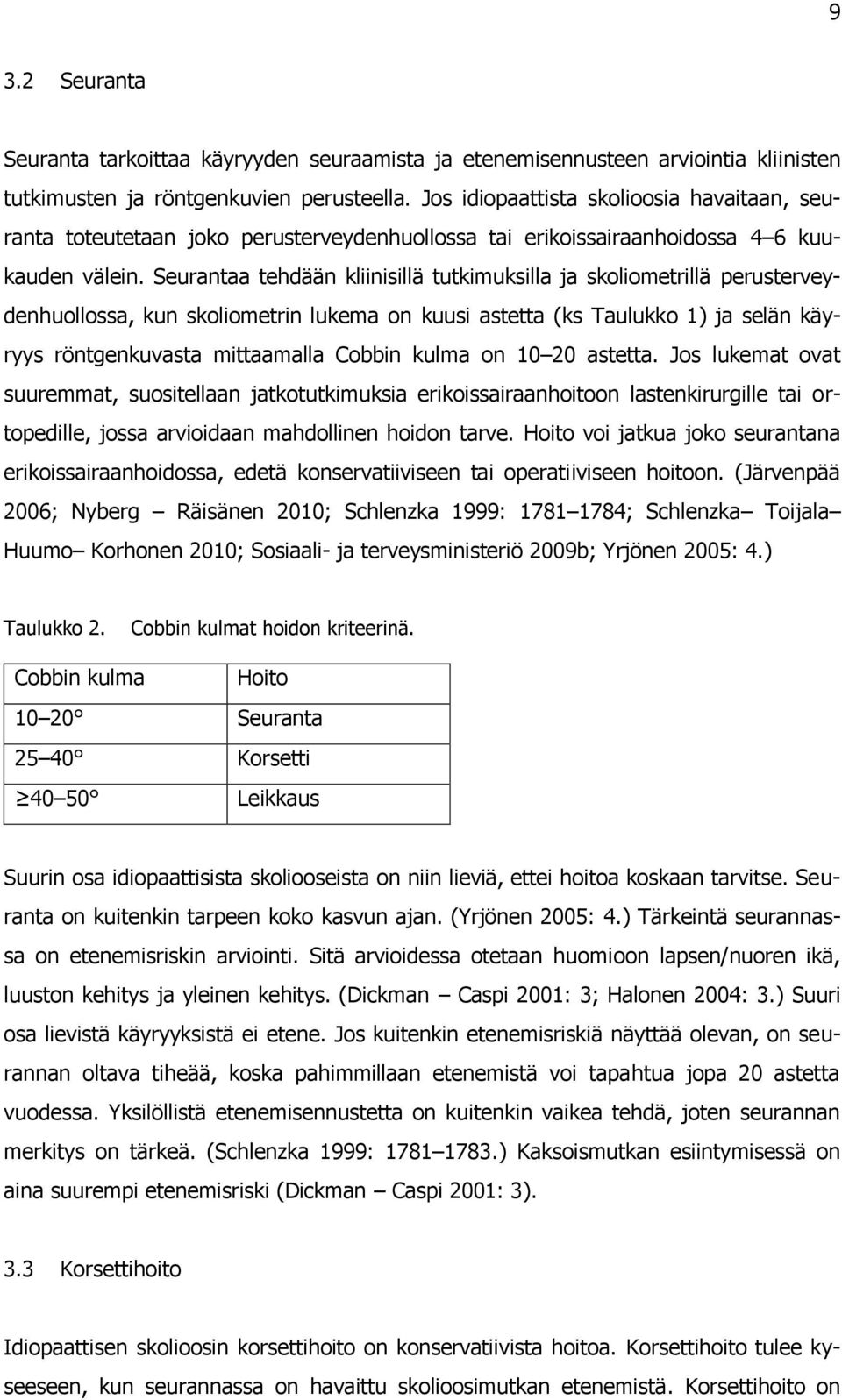 Seurantaa tehdään kliinisillä tutkimuksilla ja skoliometrillä perusterveydenhuollossa, kun skoliometrin lukema on kuusi astetta (ks Taulukko 1) ja selän käyryys röntgenkuvasta mittaamalla Cobbin