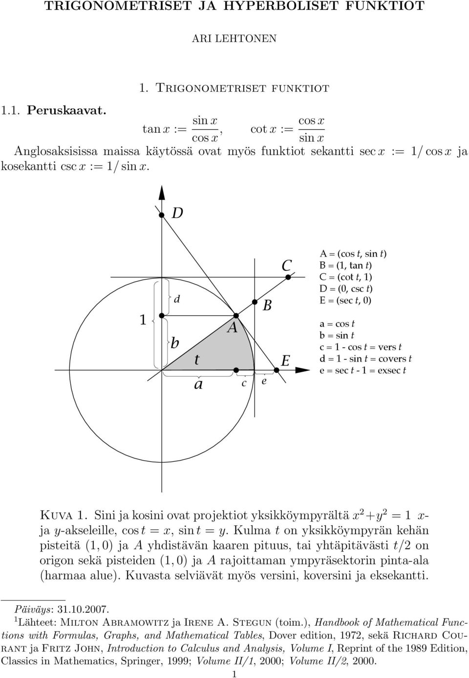 A = (cos t, sin t) B = (, tan t) C = (cot t, ) D = (0, csc t) E = (sec t, 0) a = cos t b = sin t c = - cos t = vers t d = - sin t = covers t e = sec t - = exsec t Kuva.