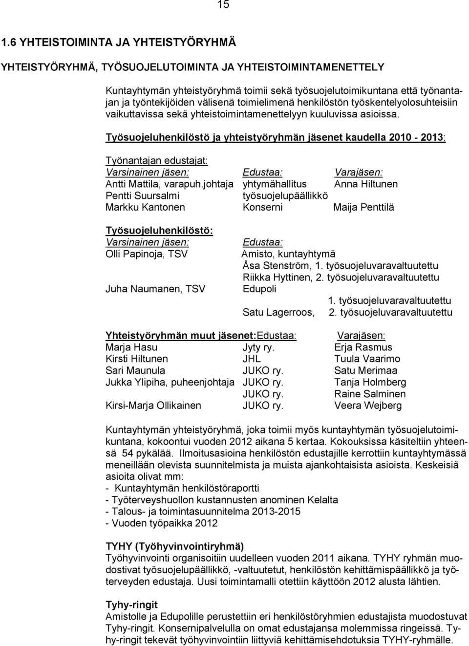 Työsuojeluhenkilöstö ja yhteistyöryhmän jäsenet kaudella 2010-2013: Työnantajan edustajat: Varsinainen jäsen: Edustaa: Varajäsen: Antti Mattila, varapuh.