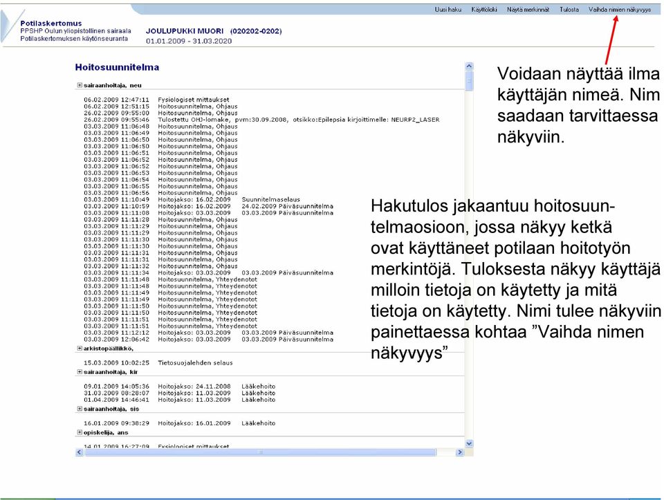 näkyy ketkä ovat käyttäneet potilaan hoitotyön merkintöjä.