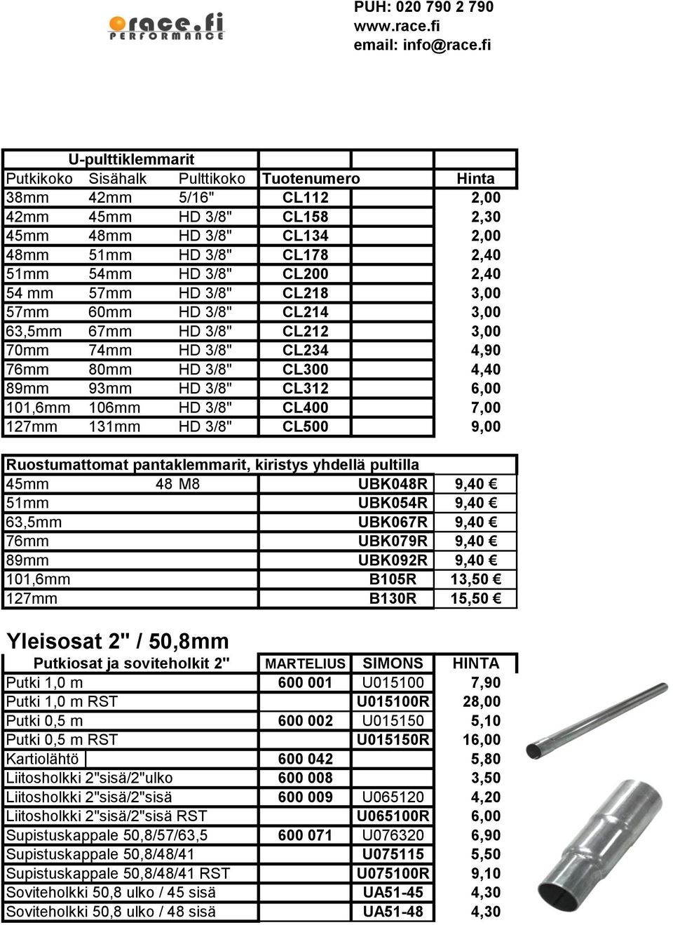 106mm HD 3/8" CL400 7,00 127mm 131mm HD 3/8" CL500 9,00 Ruostumattomat pantaklemmarit, kiristys yhdellä pultilla 45mm 48 M8 UBK048R 9,40 51mm UBK054R 9,40 63,5mm UBK067R 9,40 76mm UBK079R 9,40 89mm