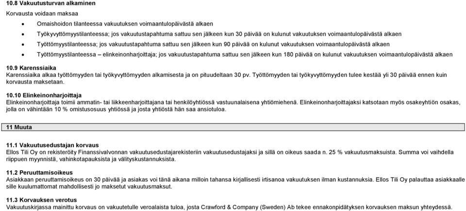 elinkeinonharjoittaja; jos vakuutustapahtuma sattuu sen jälkeen kun 180 päivää on kulunut vakuutuksen voimaantulopäivästä alkaen 10.