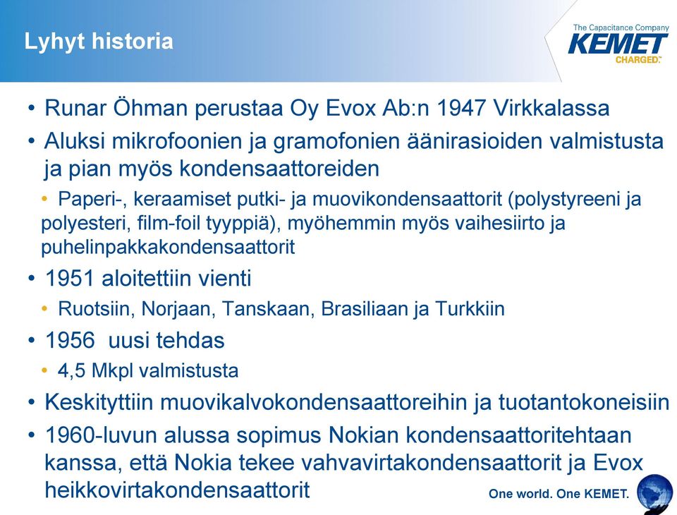 1951 aloitettiin vienti Ruotsiin, Norjaan, Tanskaan, Brasiliaan ja Turkkiin 1956 uusi tehdas 4,5 Mkpl valmistusta Keskityttiin muovikalvokondensaattoreihin ja