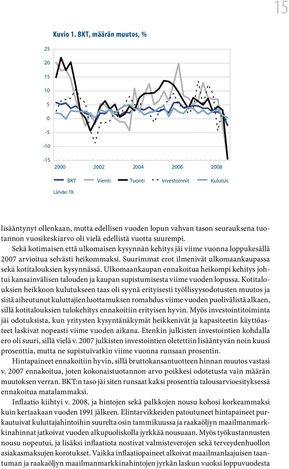 tuotannon vuosikeskiarvo oli vielä edellistä vuotta suurempi. Sekä kotimaisen että ulkomaisen kysynnän kehitys jäi viime vuonna loppukesällä 2007 arvioitua selvästi heikommaksi.