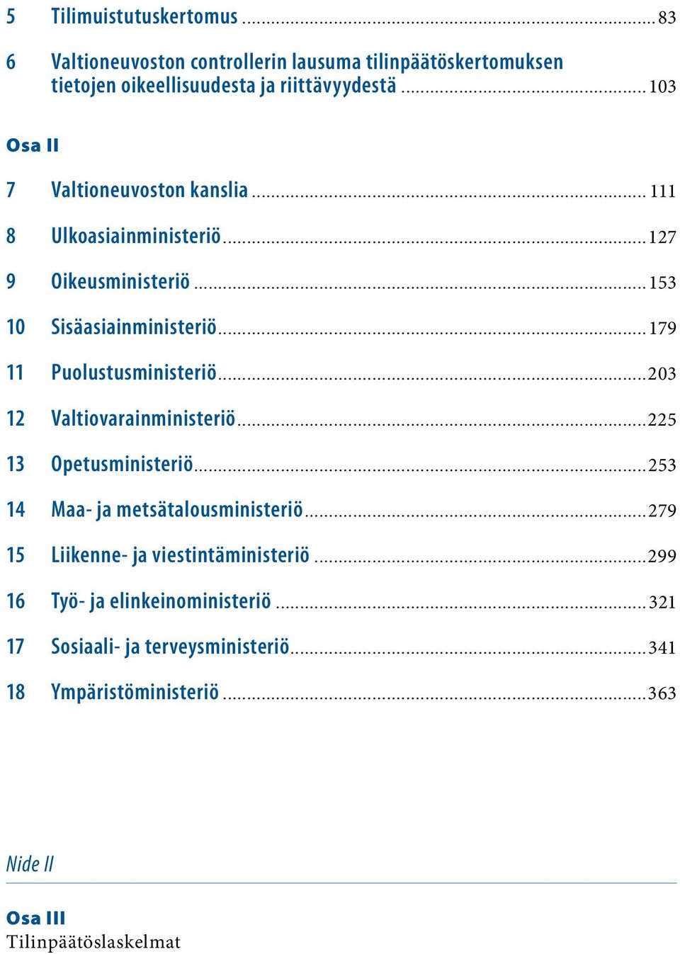 ..179 11 Puolustusministeriö...203 12 Valtiovarainministeriö...225 13 Opetusministeriö...253 14 Maa- ja metsätalousministeriö.