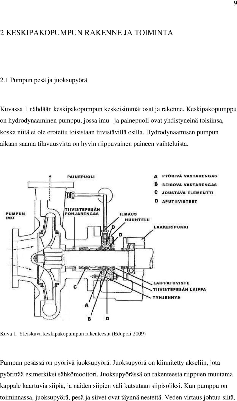Hydrodynaamisen pumpun aikaan saama tilavuusvirta on hyvin riippuvainen paineen vaihteluista. Kuva 1. Yleiskuva keskipakopumpun rakenteesta (Edupoli 2009) Pumpun pesässä on pyörivä juoksupyörä.