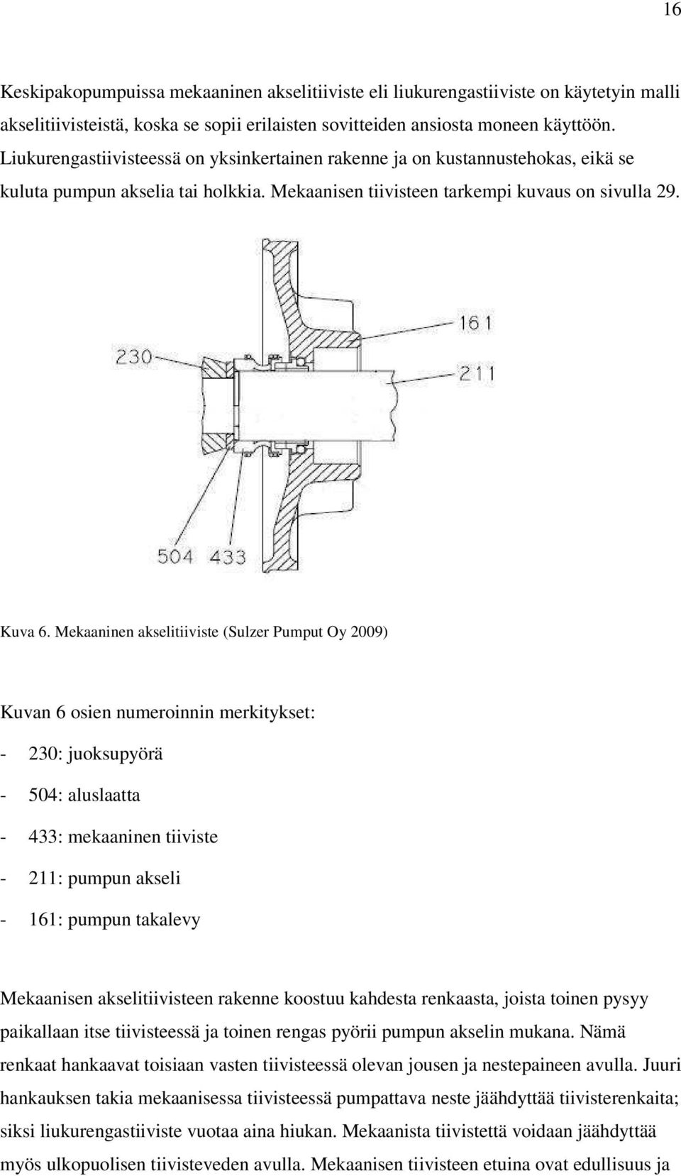 Mekaaninen akselitiiviste (Sulzer Pumput Oy 2009) Kuvan 6 osien numeroinnin merkitykset: - 230: juoksupyörä - 504: aluslaatta - 433: mekaaninen tiiviste - 211: pumpun akseli - 161: pumpun takalevy