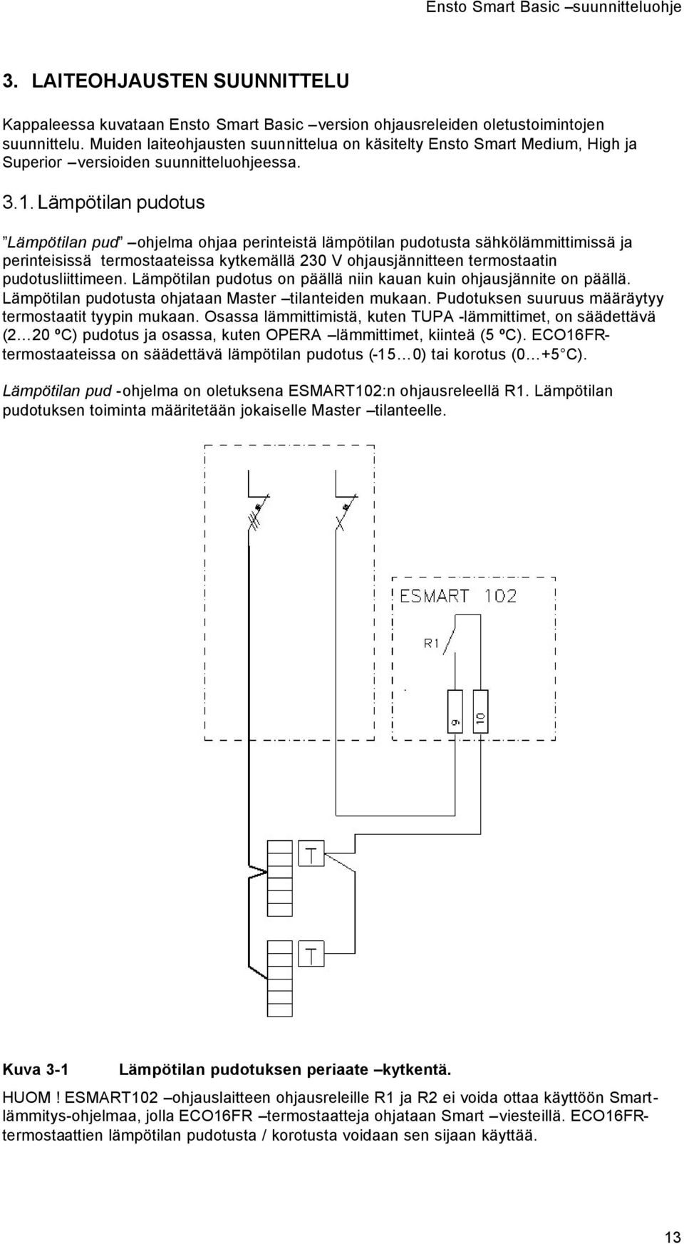 Lämpötilan pudotus Lämpötilan pud ohjelma ohjaa perinteistä lämpötilan pudotusta sähkölämmittimissä ja perinteisissä termostaateissa kytkemällä 230 V ohjausjännitteen termostaatin pudotusliittimeen.