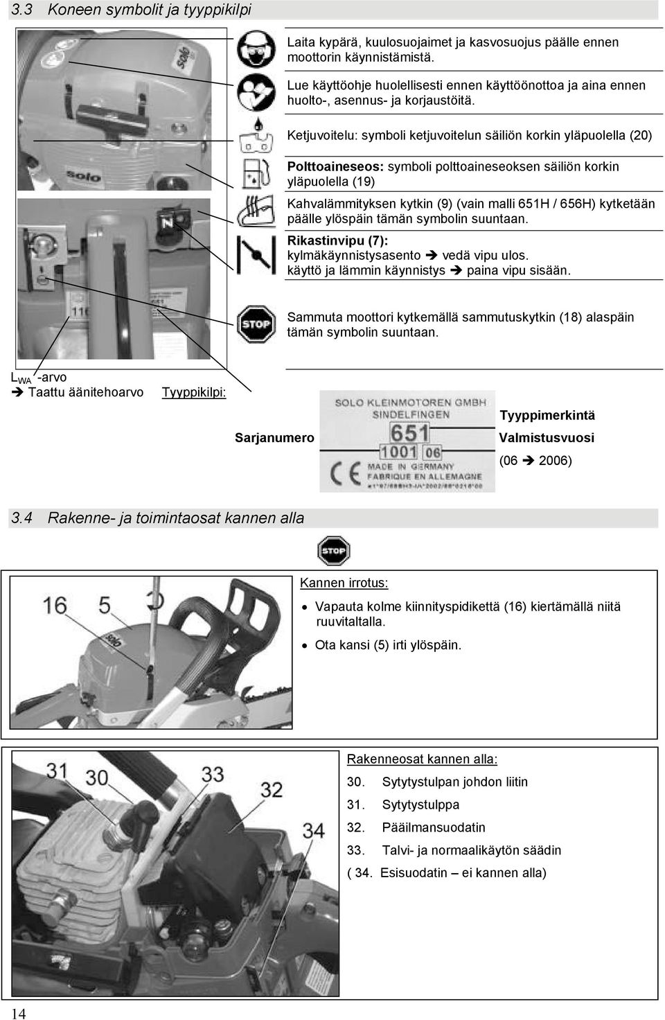 Ketjuvoitelu: symboli ketjuvoitelun säiliön korkin yläpuolella (20) Polttoaineseos: symboli polttoaineseoksen säiliön korkin yläpuolella (19) Kahvalämmityksen kytkin (9) (vain malli 651H / 656H)