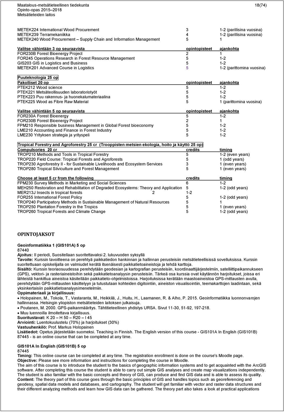 GIS203 GIS in Logistics and Business 5 1-2 METEK201 Advanced Course in Logistics 5 1-2 (parittomina vuosina) Puuteknologia 25 op Pakolliset 20 op opintopisteet ajankohta PTEK212 Wood science 5 1-2