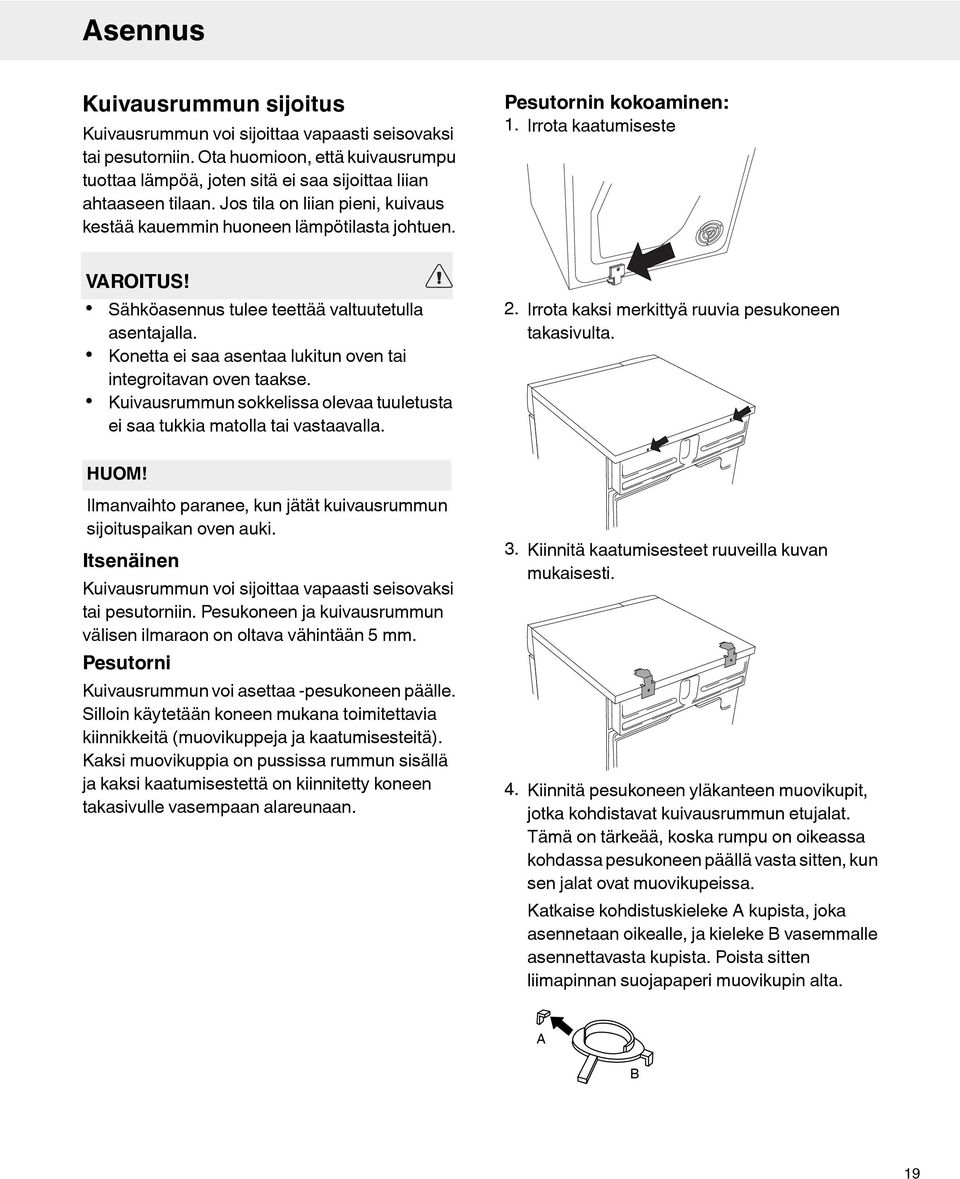 Konetta ei saa asentaa lukitun oven tai integroitavan oven taakse. Kuivausrummun sokkelissa olevaa tuuletusta ei saa tukkia matolla tai vastaavalla. 2.