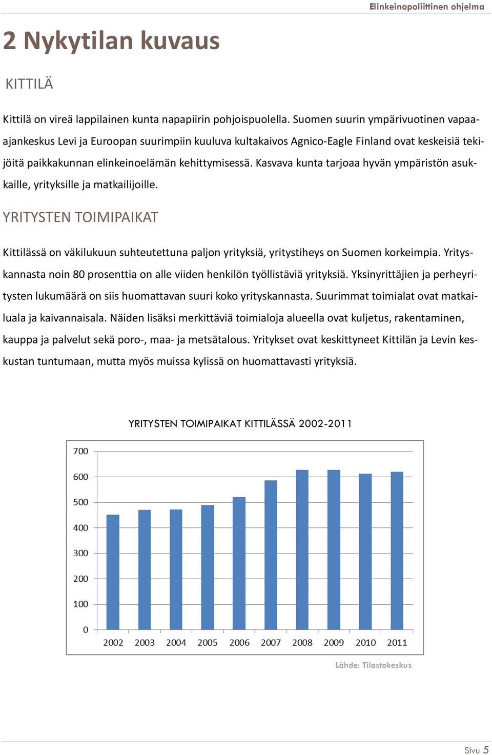 Kasvava kunta tarjoaa hyvän ympäristön asukkaille, yrityksille ja matkailijoille. YRITYSTEN TOIMIPAIKAT Kittilässä on väkilukuun suhteutettuna paljon yrityksiä, yritystiheys on Suomen korkeimpia.