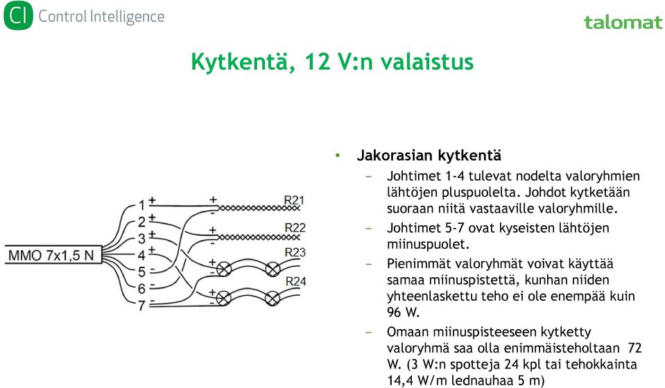 Pienimmät valoryhmät voivat käyttää samaa miinuspistettä, kunhan niiden yhteenlaskettu teho ei ole enempää kuin 96 W.