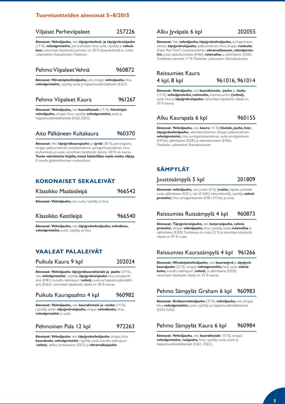 Pehmo Viipaleet Vehnä 960872 Ainesosat: Hiivaleipävehnäjauho, vesi, siirappi, vehnäjauho, hiiva, vehnäproteiini, rypsiöljy, suola ja happamuudensäätöaine (E263).