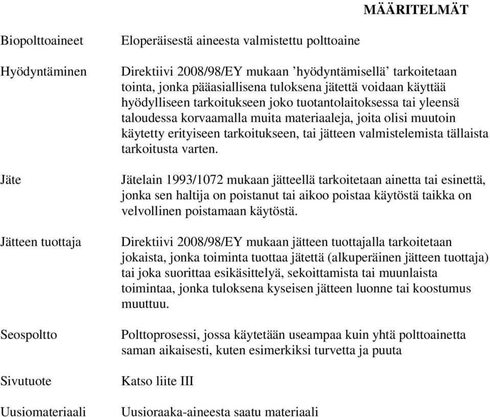 muutoin käytetty erityiseen tarkoitukseen, tai jätteen valmistelemista tällaista tarkoitusta varten.