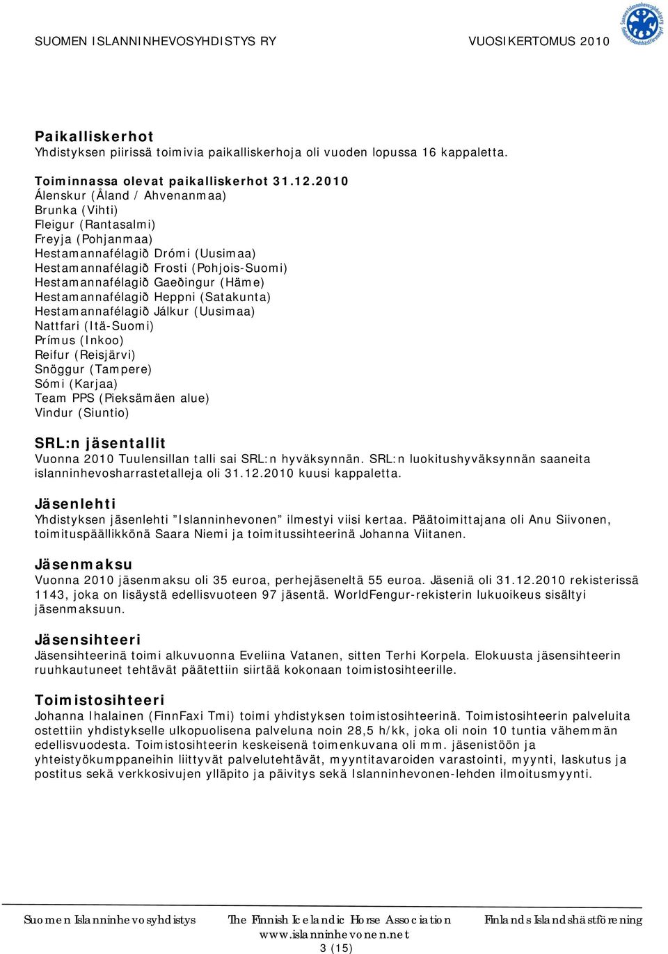 Hestamannafélagið Heppni (Satakunta) Hestamannafélagið Jálkur (Uusimaa) Nattfari (Itä-Suomi) Prímus (Inkoo) Reifur (Reisjärvi) Snöggur (Tampere) Sómi (Karjaa) Team PPS (Pieksämäen alue) Vindur