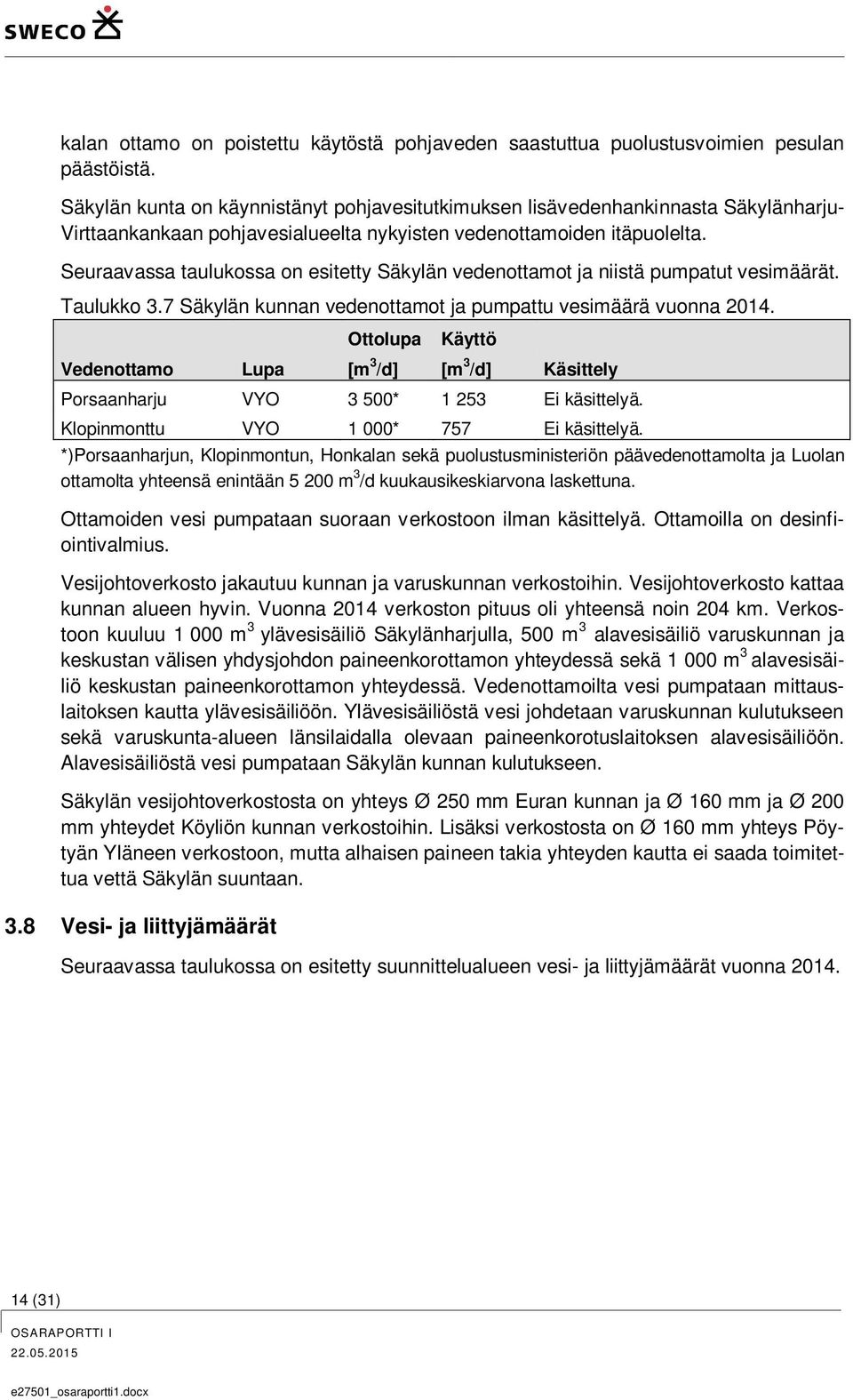 Seuraavassa taulukossa on esitetty Säkylän vedenottamot ja niistä pumpatut vesimäärät. Taulukko 3.7 Säkylän kunnan vedenottamot ja pumpattu vesimäärä vuonna 2014.